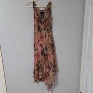 Connected Apparel Asymmetrical Floral Dress in Pink and Brown
